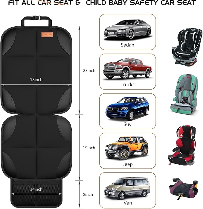 Car Seat Protector, 2Pack Seat Protector Protect Child Seats with Thickest Padding and Non-Slip Backing Mesh Pockets for Baby and Pet,Sedan SUV Truck (Black)