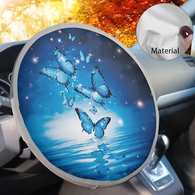 Blue Butterfly Car Steering Wheel Sun Shade Cover Anti-Heat Steering Wheel Accessories 17 inch Auto Steering Wheel Sun Shield Universal Fit for Most Cars SUV Trucks Van