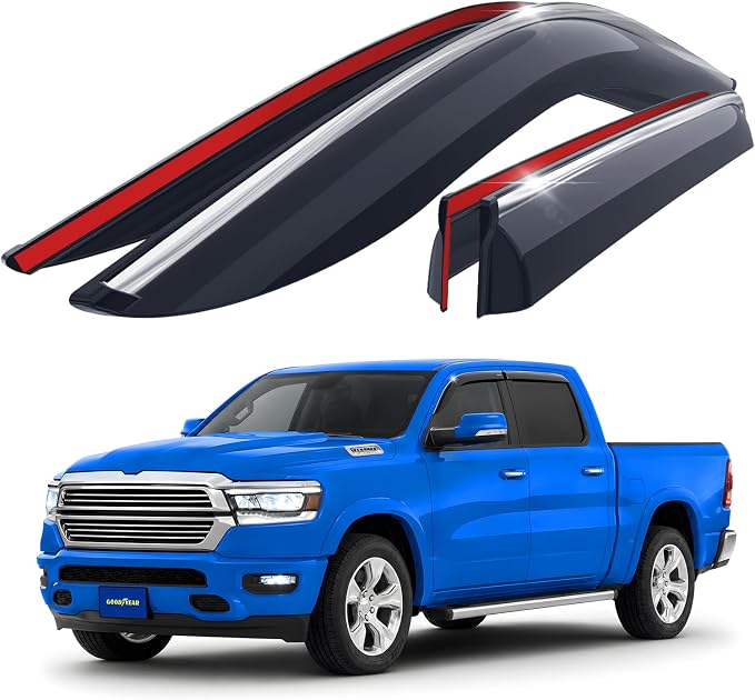 Goodyear Chrome Trim Window Deflectors for Dodge Ram 1500 2019-2026 Crew Cab, Shatterproof Tape-on Rain Guards, Window Visors, Vent Deflector Visor,Car Accessories, 4 pcs - GY008852