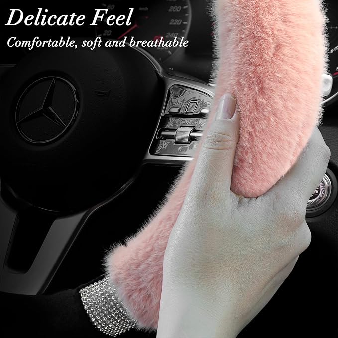 Rhinestone Fluffy Steering Wheel Cover - Comfortable Non-Slip Luxury Faux Wool, Universal Fit for 14.5" to 15" Steering Wheels