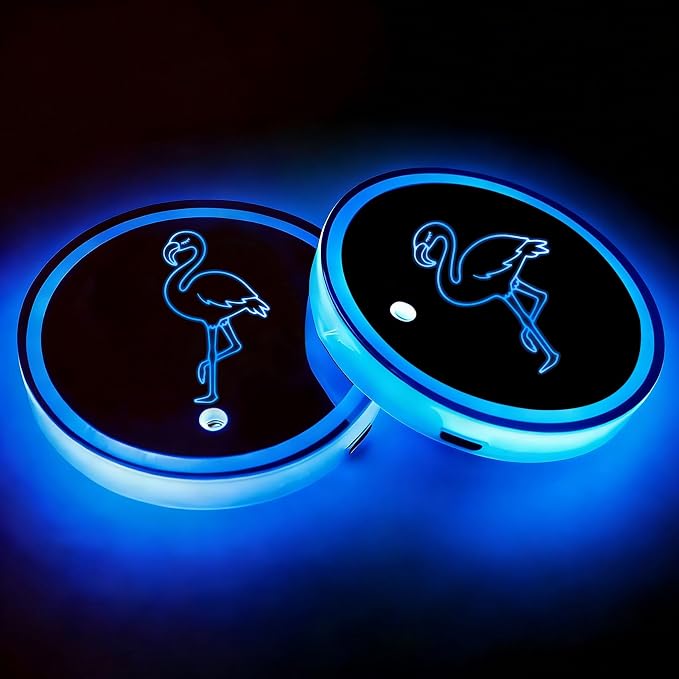 2Pcs Flamingo LED Car Cup Holder Coasters 7 Colors 3 Modes Lights Up Cups | with USB of Car Accessories for SUV Trucks Sedans, Waterproof Interior Atmosphere Lamp, Flamingo Gifts for Women Men