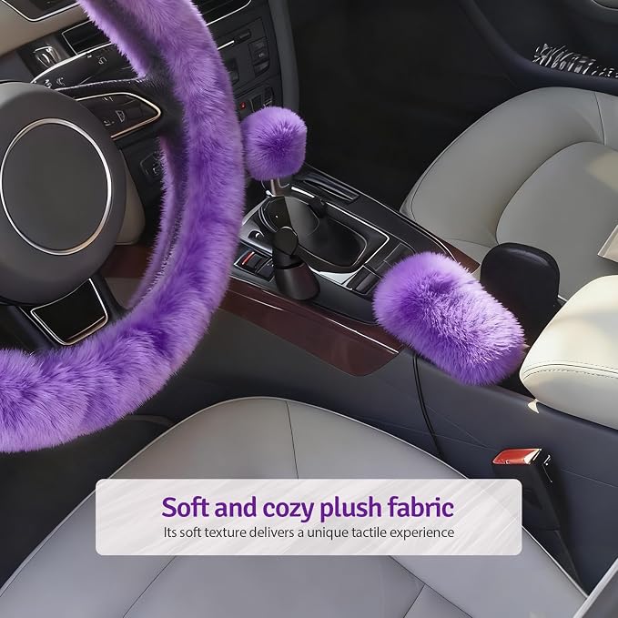 Fluffy Steering Wheel Cover 3PCS Set – Plush Fuzzy Fur Steering Wheel Cover with Gear Shift Cover & Handbrake Cover, Winter Warm Car Accessories, Car Interior Accessories for Women (Purple)
