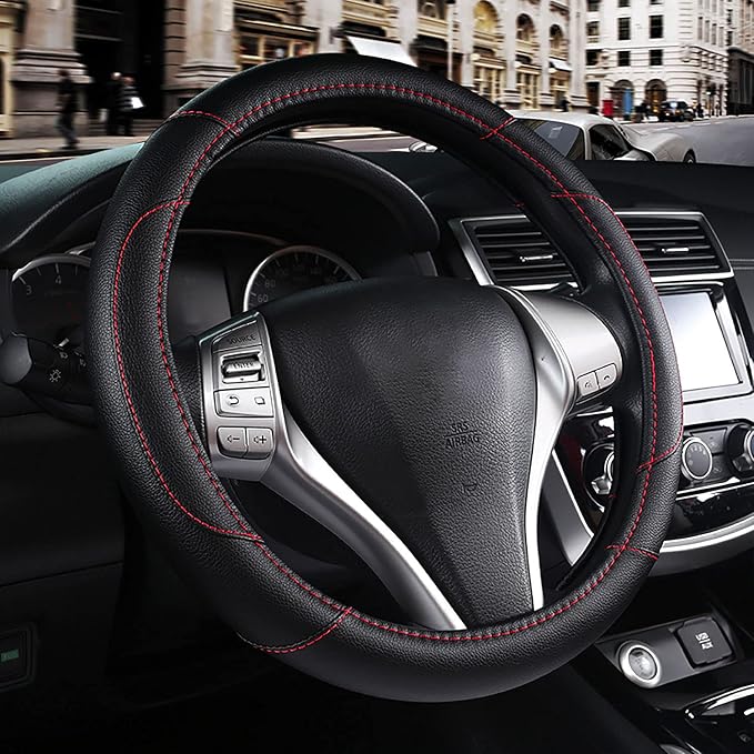 Leather Car Steering Wheel Cover, Non-Slip Car Wheel Cover Protector Breathable Microfiber Leather Universal Fit for Most Cars(Black)