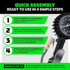 Rhino USA Tire Pressure Gauge with Inflator (0-100 PSI) - Heavy Duty Air Chuck and Compressor Accessories with Stainless Braided Hose, Large Analog Dial and Solid Brass Hardware for Truck and RV