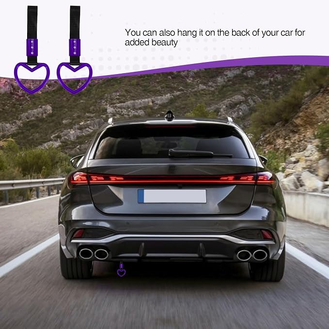2PCS Heart Shaped Car Handle Straps, Rear Bumper Warning Keychain Ring for Car Exterior Accessories (Purple)