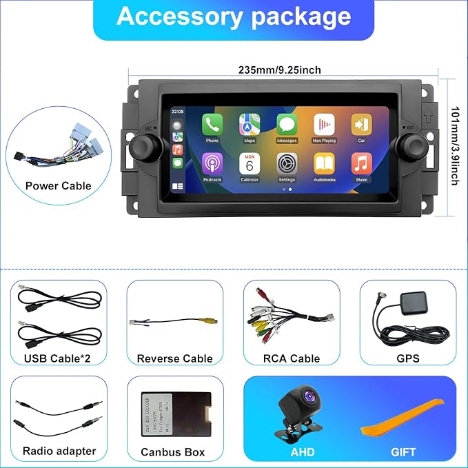 Radio Upgrade for Dodge Ram 1500/2500/3500 2006-2008, Jeep Compass Patriot 2007-2008, Grand Cherokee 2005-2007, Chrysler 300/300c 2005-2007, Wireless CarPlay Android 6.86" Stereo Back Camera WiFi GPS