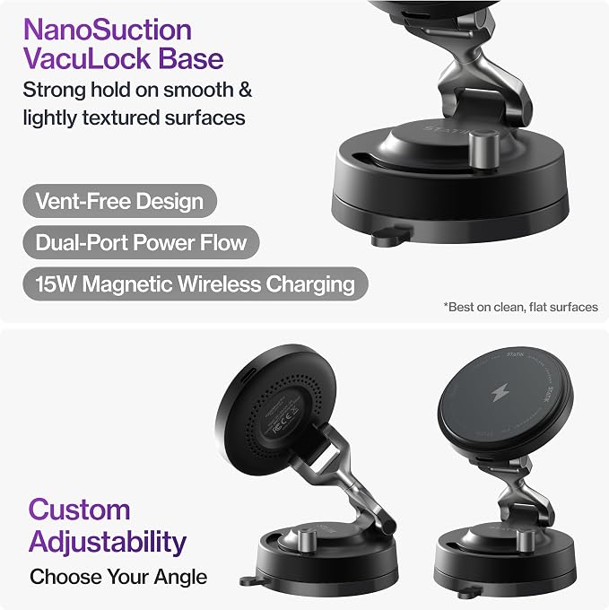 HyperMount Pro Phone Mount, Magnetic Phone Holder, 15W Wireless Charging, MagSafe Car Mount, Works on Smooth & Lightly Textured Surfaces, iPhone and Android Compatible, Charging Cable Included