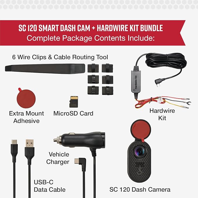 Cobra SC 120 Dash Cam + Cobra 2.5A Micro USB Adapter Hardwire Kit