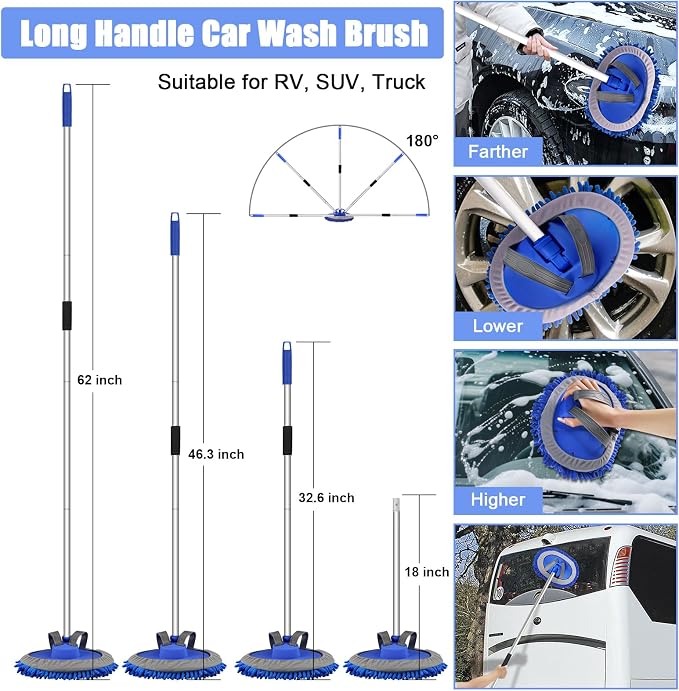62" Microfiber Car Wash Brush with Long Handle, Car Washing Blue Set Mitt, Sponge, Car Cleaning Supplies Kit, Duster, Car Brush Accessories
