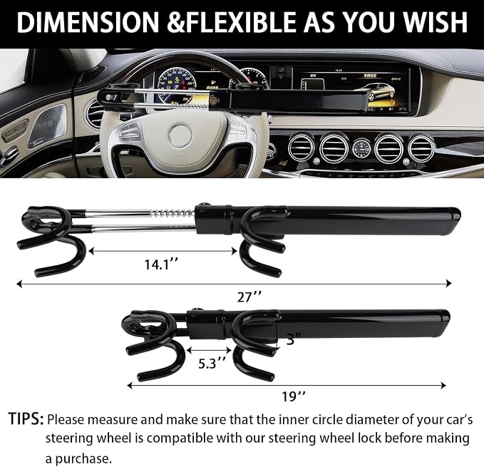 Steering Wheel Lock for car Universal Adjustable Length Anti-Theft Device Car Locks Double Hook Locks for Car SUV Pickup Truck Van(Black)