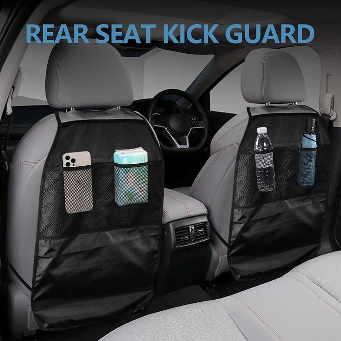 2PCS Kick Mats Back Seat Protector, Waterproof Oxford Car Front Seatback Protector for Kids, Seat Back Kick Mat Organizer with 2 Mesh Pockets, Universal Car Accessories (Leather-Pocket)