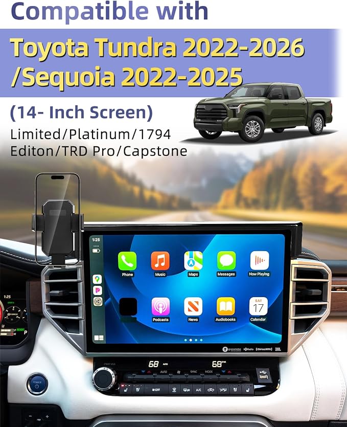 PZK Car Phone Mount for Toyota Tundra 2022-2026 /Sequoia 2023-2026 14-Inch | Screen Car Phone Holder Auto Lock Limited/Platinum Tundra Accessories 360° Rotation Hands Free Cradles Not Block Air Vent
