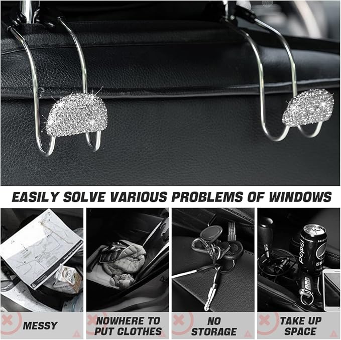 Car Headrest Hook, 2 Pack Bling Backseat Organizer Hanger for Purse Clothes Grocery Bag, Rhinestones Auto Headrest Storage Holder, Universal Car Seat Accessories for Most Vehicle (White)