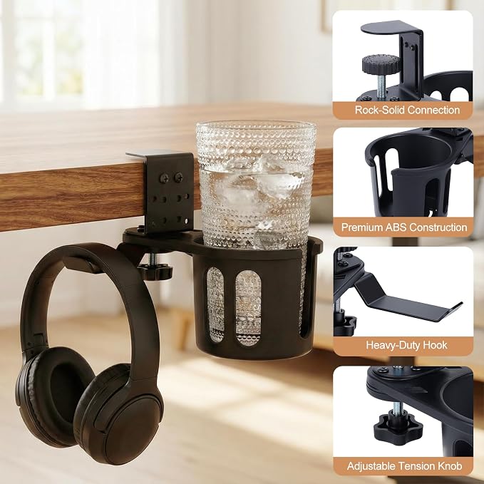 360° Rotating Cup Holder wiht Hook Under Desk Anti Spill Space Saving for Home Office Camping