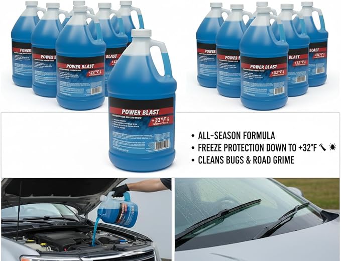 (6 Gallons) - Power Blast Windshield Washer Fluid, +32°F Protection, Blue, 1 Gallon Jug, Ready to Use (6 GALLONS, Blue Power Blast +32°F)