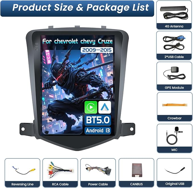 8Core Car Radio for Chevy Cruze 2009-2015: Bluetooth 5.0 10.4 inch IPS Touchscreen Wireless CarPlay Andriod Auto Steering Wheel Control FM DSP GPS 1080P Backup Camera