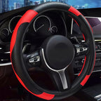 Leather Car Steering Wheel Cover, 15 Inch Anti-Slip Carbon Fiber Black Steering Wheel Cover, Universal Car Interior Accessories for Trucks Sedans SUVs (Black & Red)
