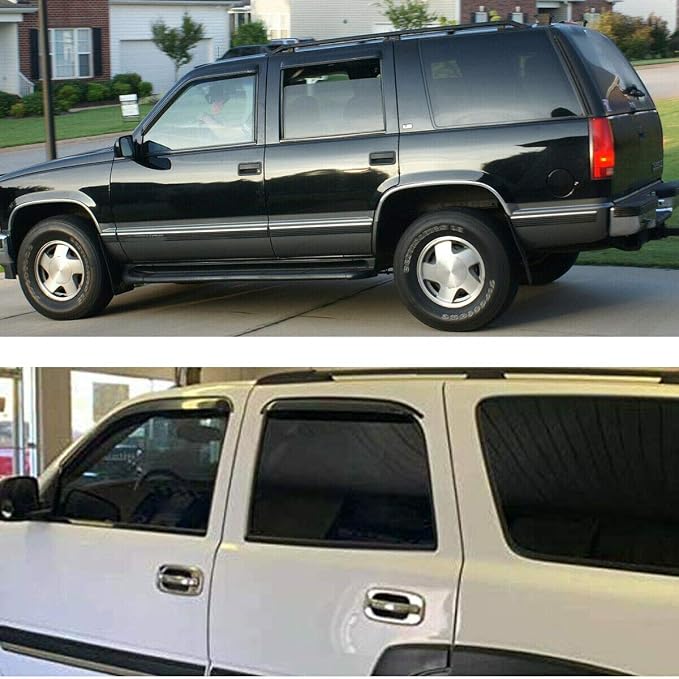 Extra Durable Tape-on Auto Window Visor, Fit 2000-2006 Chevrolet Tahoe/GMC Yukon, 2001-2006 Yukon Denali, 2002-2006 Cadillac Escalade (Standard), Original Rain Guard Deflector, Smoke, 4Pcs