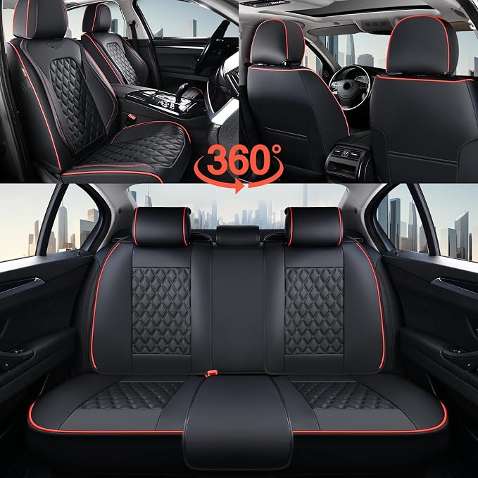 Coverado Rear Seat Covers, Sporty Non-Slip Waterproof Faux Leather Rear Protectors for Trucks SUVs, Mens Automotive Interior, Racing Style – Redline