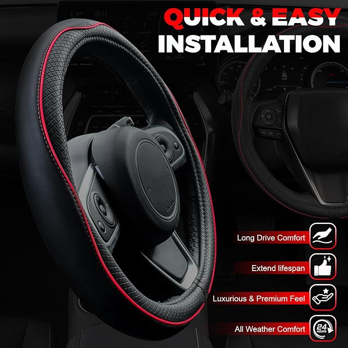 Car Steering Wheel Cover, Microfiber Leather Steering Wheel Covers with Anti-Slip Lining, Universal 14.5-15 inchs Black with Red line