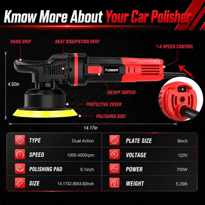 Car Buffer Polisher,6 inch Dual Action Polisher,Random Buffer Polisher kit with 6 Variable Speed 1000-4500rpm,Detachable Handle,4 Buffing Pads for Car detailing Polishing and Waxing
