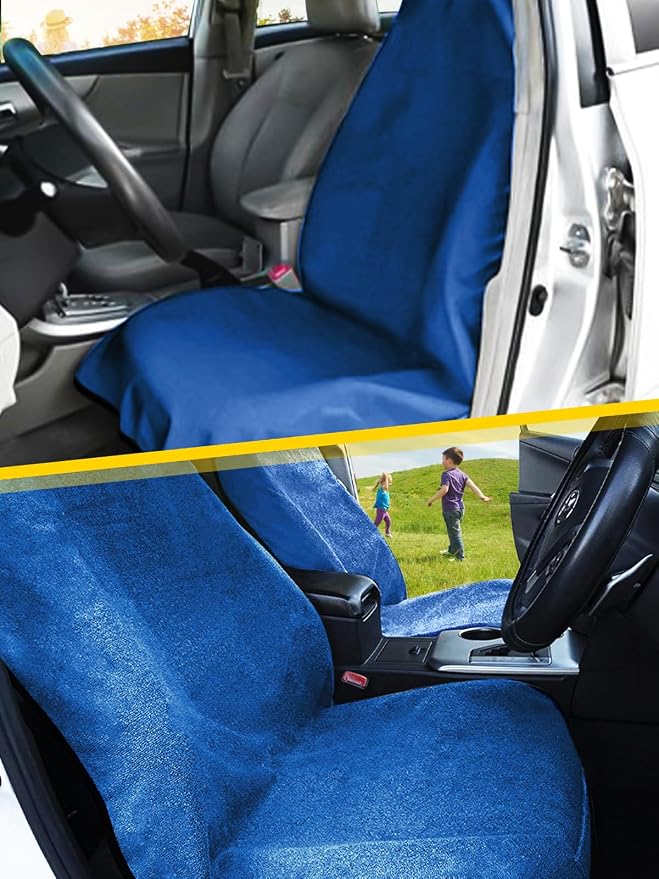 1PC Waterproof Towel Car Seat Cover - 525g Heavy Duty 3-Layer Microfiber Sweat Protector for Bucket Seats - Non-Slip Machine Washable Universal Fit for Gym, Yoga, Beach, Pets & Outdoors-Blue