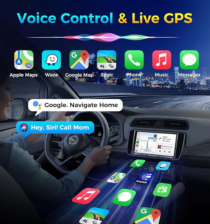 7" Wireless Double Din Car Stereo Apple Carplay Radio QLED Screen for Car, Android Auto, Bluetooth 5.3, Fast Charger, 1080P Backup Camera, 4.2 Channel Outputs 240W, 2 Subwoofer