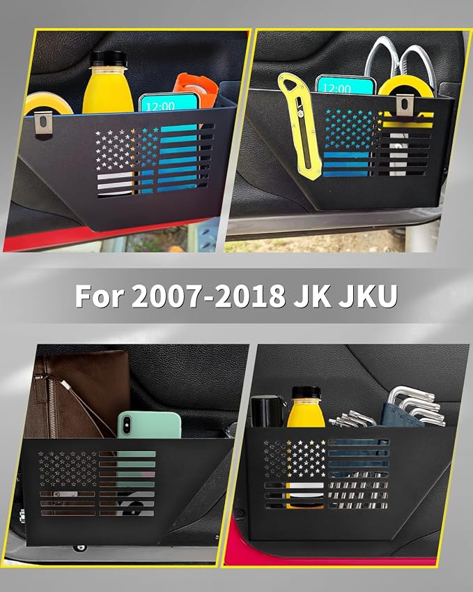 Metal Storage Boxes Compatible with 2007-2018 Jeep Wrangler JK JKU 2/4 Door, 2 Pack Front Door Side Insert Organizer Pockets for Jeep Saggy Net Replacement(Black)