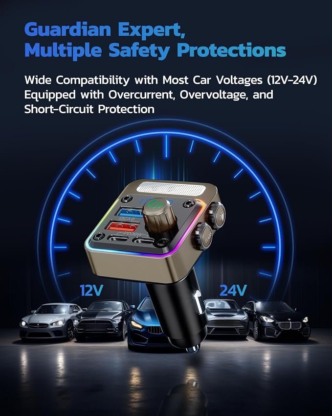 54W Bluetooth 5.3 Car Adapter with 4 Charging Ports [PD 36W & QC3.0 18W], Wireless Radio FM Transmitter with Deep Bass Player & 5 Colors LED Backlit, Hands-Free Calling - Gold