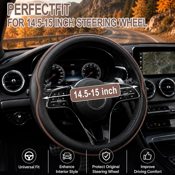 Car Steering Wheel Cover Full Surround - Soft Breathable Anti-Slip Heavyweight Safety Cover, Thick Cushioned Sports Style Universal Fit for Auto Truck SUV (Black/Coffee)