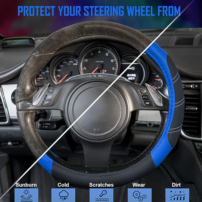 Line Rider Microfiber 14 Inch Leather Sporty Steering Wheel Cover Universal Fits for Truck,SUV,Cars, Anti-Slip Safety Comfortable Desgin (Black-Blue)