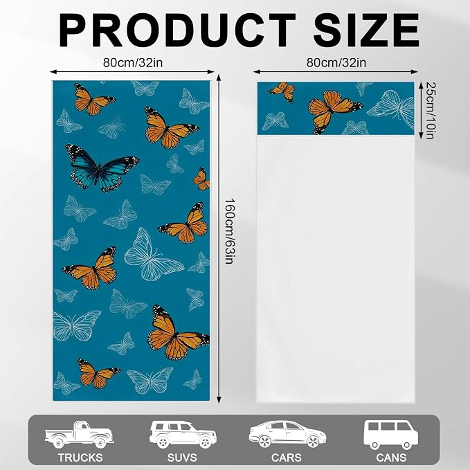 2 Pack Car Towels Seat Cover with Storage Bag, Multifunctional Microfiber Towel for Gym Outdoor Sport Running,Picnic, Beach, Pet Dog Travel,Fits Car SUV Truck (Blue Butterflies)