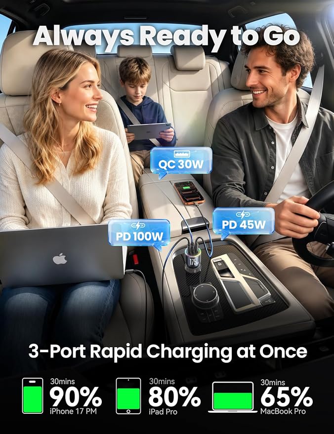 175W Super Fast Car Charger [GaN] 3-Port Car Charger USB C Fast Charge with USB-C Cable, Car Cigarette Lighter USB Charger for iPhone 17/16/15, Samsung S26/25, Pixel 10, MacBook, iPad and More