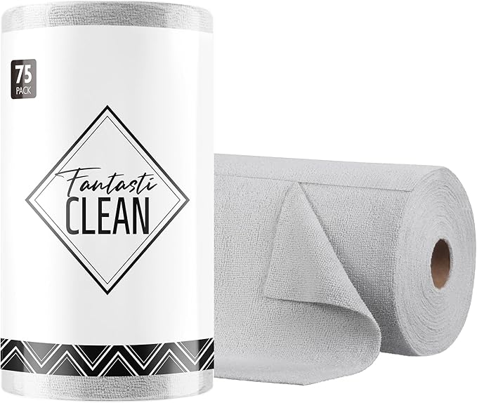 Microfiber Cleaning Cloth Roll- 75 Sheets, 12" x 12" (Grey) | Super Absorbent, Lint-free, Tear-away Microfiber Towel Roll, for All-Purpose Cleaning, Reusable Alternative to Paper Towels