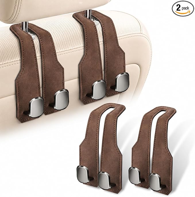 2Pcs Car Headrest Hooks with Premium Leather, Upgraded Double Metal Hooks with Anti-Drop Design, Universal Back Seat Hanger for Bags, Coats, Purses and Groceries (Stylish Brown)