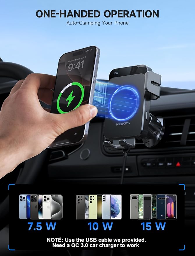 Wireless Car Charger, 15W Auto Clamping Car Charger Dash Windshield Air Vent Phone Holder Compatible with iPhone 16 15 14/13/13 Pro/12 pro/12/11/X/8, Samsung S24/S23/S22