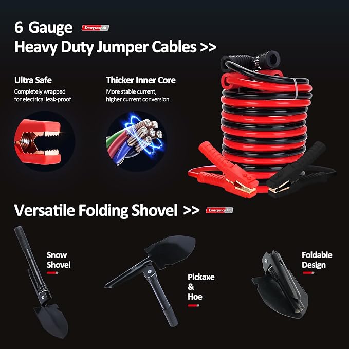 Car Roadside Emergency Kit with Jumper Cables, Auto Road Side Safety Kit for Vehicles - with Premium Carry Bag, Repair Tool Set, for Men, Women, Teenagers