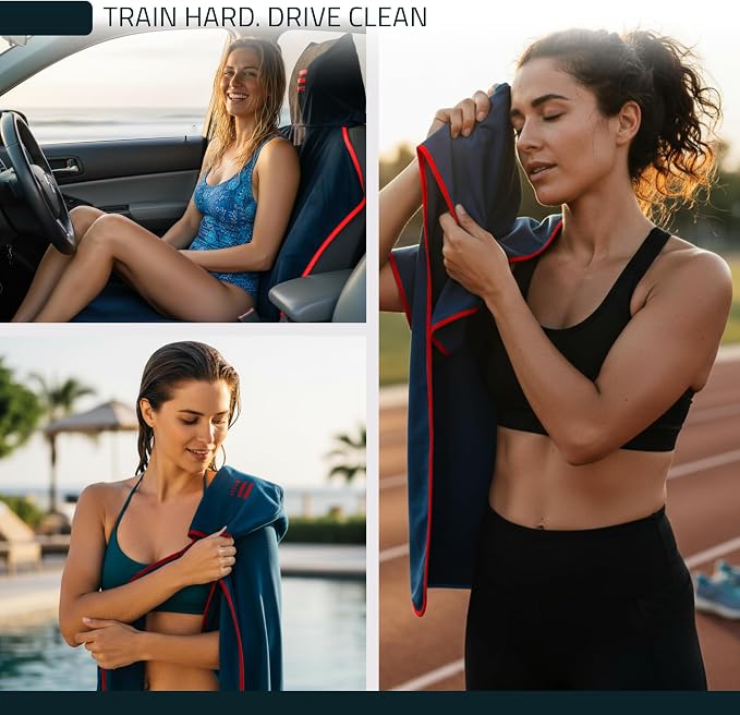 3-in-1 Multipurpose Towel - Bath Towels and Waterproof Car Seat Protector, Absorbent Gym Towel Cover After Workout for Yoga, Swimming, Camping, Beach - Microfiber Cover & Car Accessories - Red