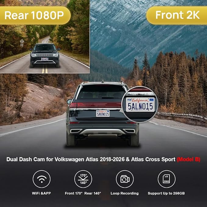 Front 2K+Rear 1080P Dash Cam Adapts for Volkswagen Atlas 2018-2026 (Model B, Wide Body) & Cross Sport 2020-2026, OEM Look, Dual HD Video, WiFi & APP, Loop Recording, Parking Mode, 64GB Card