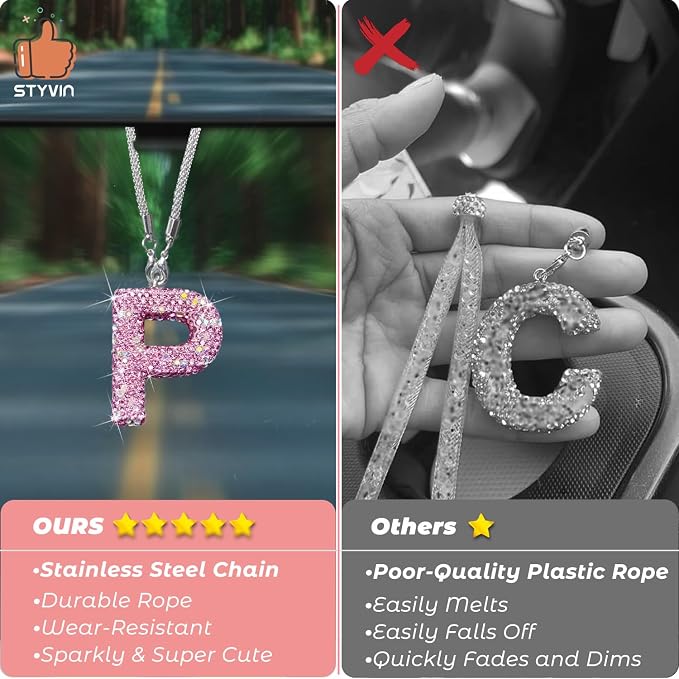 Bling Pink Car Accessories for Women Letter Charm, Rainbow Color Rear View Mirror Cute Crystal Pendant Car Decorations, Lucky Gifts Girly Diamond Rhinestone Charm Letter P