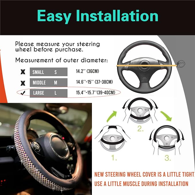 Large Size Bling Comfy Steering Wheel Cover with Jumbo Crystal Rhinestones, Anti-Slip Diamond Leather, 15.5-15.75 Inch (Purple)