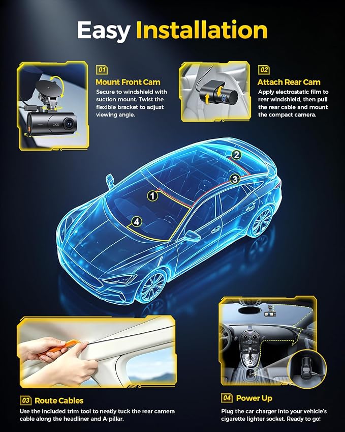 GKU 4K Dual Dash Cam Front and Rear, STARVIS 2 Sensor, 5.8GHz WiFi6 Up to 20MB/s, Voice Control, Dash Camera with GPS, WDR Night Vision, 24H Parking Mode, Loop Recording(No SD Card)