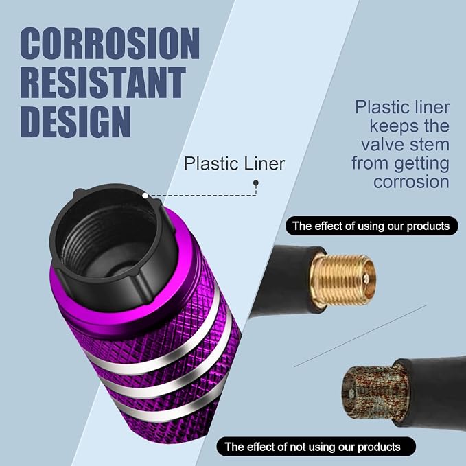 Tire Valve Stem Cap Cover - (5 Pack) Tire Air Caps Metal with Plastic Liner Corrosion Resistant Leak-Proof for Car Truck Motorcycle SUV and Bike Purple