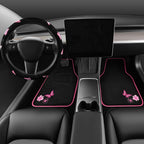 Embroidery Butterfly Steering Wheel Cover and Waterproof Car Floor Mats,Pink Car Mats 14.5-15inch Steering Wheel Covers Universal Fit for Cars, Suvs,Sedans,Van,for Women Girl(Black and Pink)