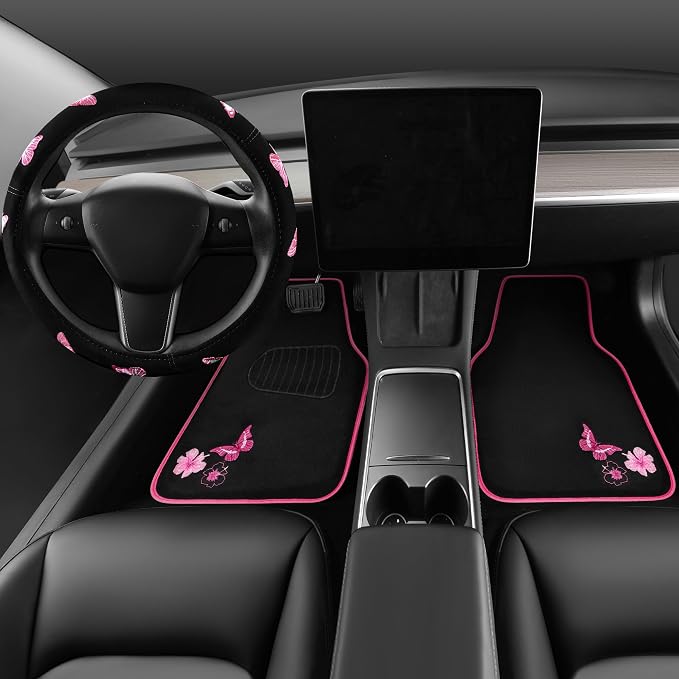 Embroidery Butterfly Steering Wheel Cover and Waterproof Car Floor Mats,Pink Car Mats 14.5-15inch Steering Wheel Covers Universal Fit for Cars, Suvs,Sedans,Van,for Women Girl(Black and Pink)