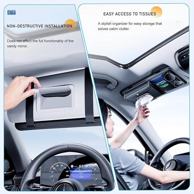 Car Sun Visor Organizer with Tissue Holder, Auto Consoles Organizer with Sunglass Clip,Multi-Pocket Visor Accessories for Truck, SUV，Card/Pen/Driver's License Storage
