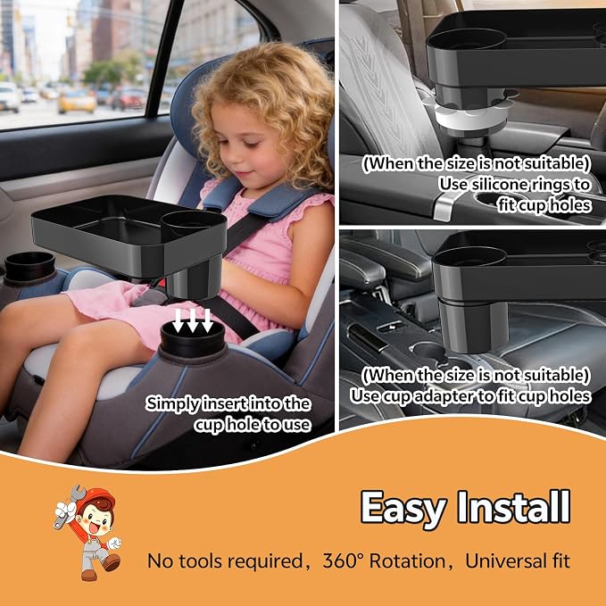 Car Seat Snack Tray for Kids Toddler Travel,Cup Holder Expander for Car,Toddler Travel & Road Trip Accessory for Mess-Free Snacking in The Car (Black)