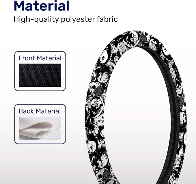Black White Horror Steering Wheel Cover, Polyester Non-Slip Car Wheel Grip, Universal 15 Inch Auto Accessory