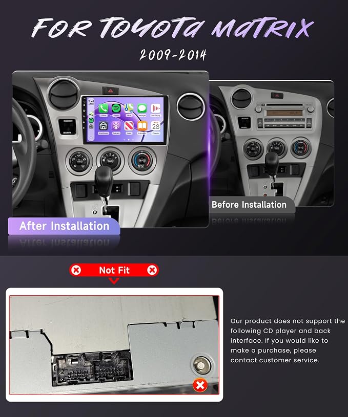 5Gzh WiFi Car Radio Stereo for Toyota Matrix 2009-2014 2+64G, 9" Touch Screen/Android 15/Wireless CarPlay/Android Auto/DSP EQ/GPS/Bluetooth/FM/RDS/SWC/HD Backup Camera