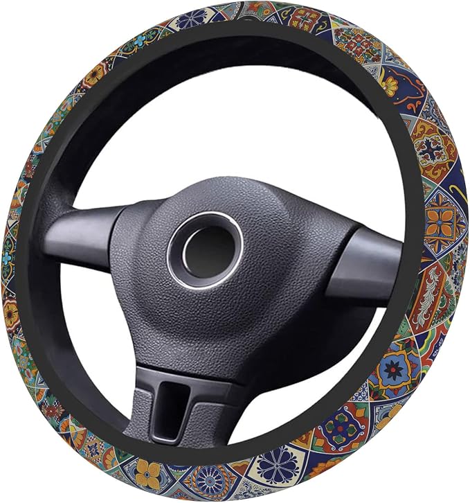 Car Steering Wheel Cover for Women Men, Non-Slip Mexican Talavera Tiles Steering Wheel Protector, Universal 14"-15" Fit for Cars, SUVs, Trucks (Mexican Talavera Tiles)